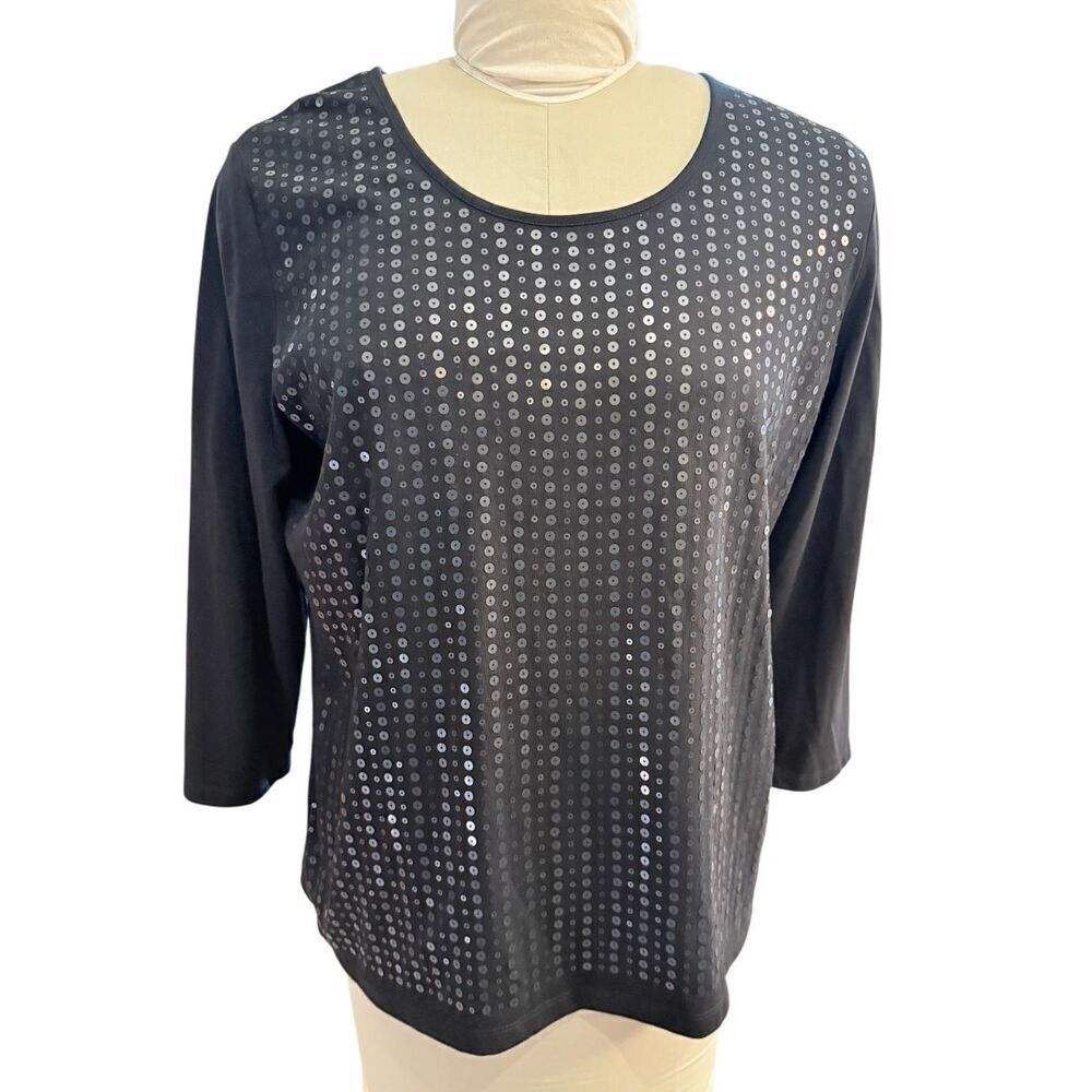 Tan Jay Black Sequin Front 3/4 Sleeve Pullover Top Sz. M